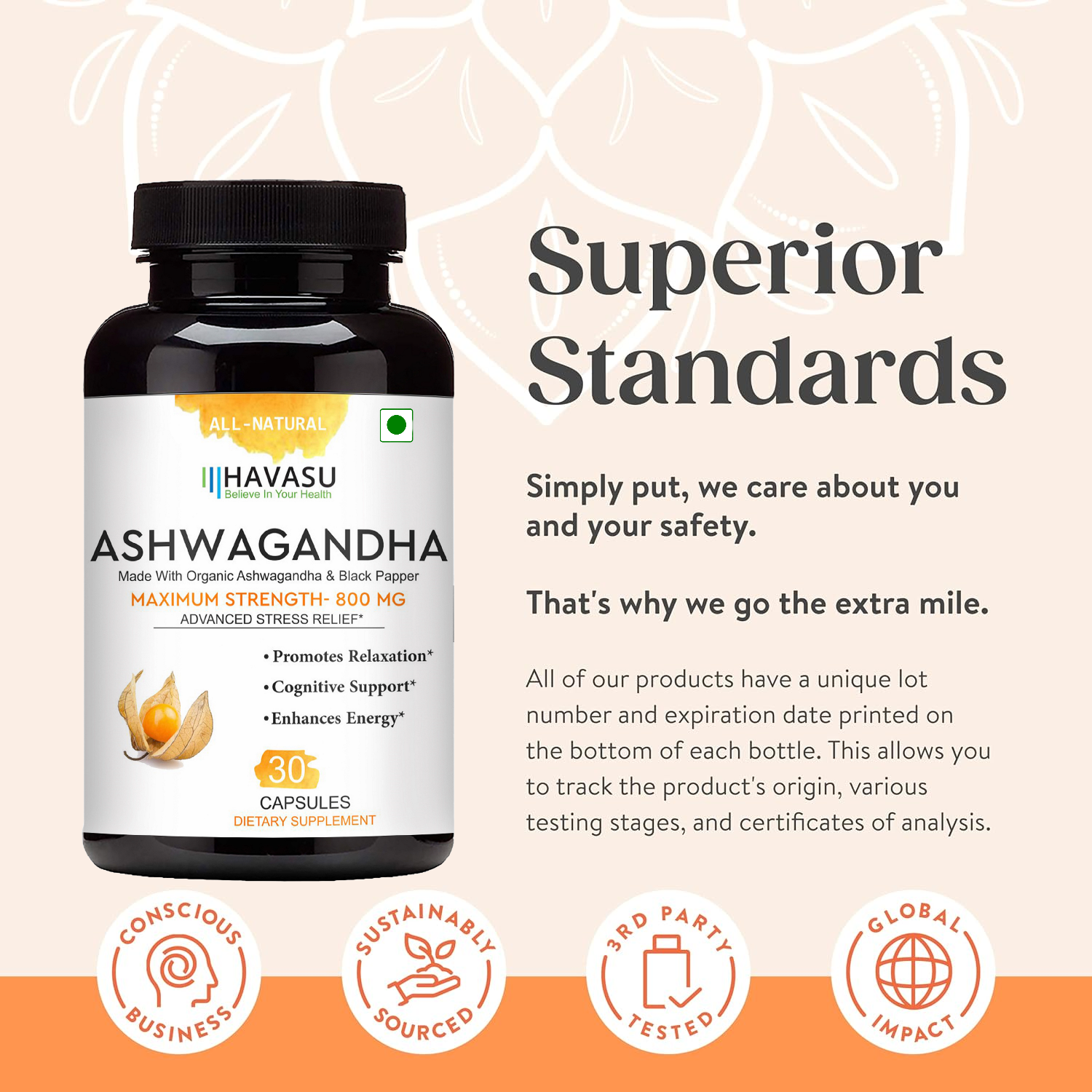 HAVASU Organic Ashwagandha, 30 Capsules – Stress & Energy, Pack of 2